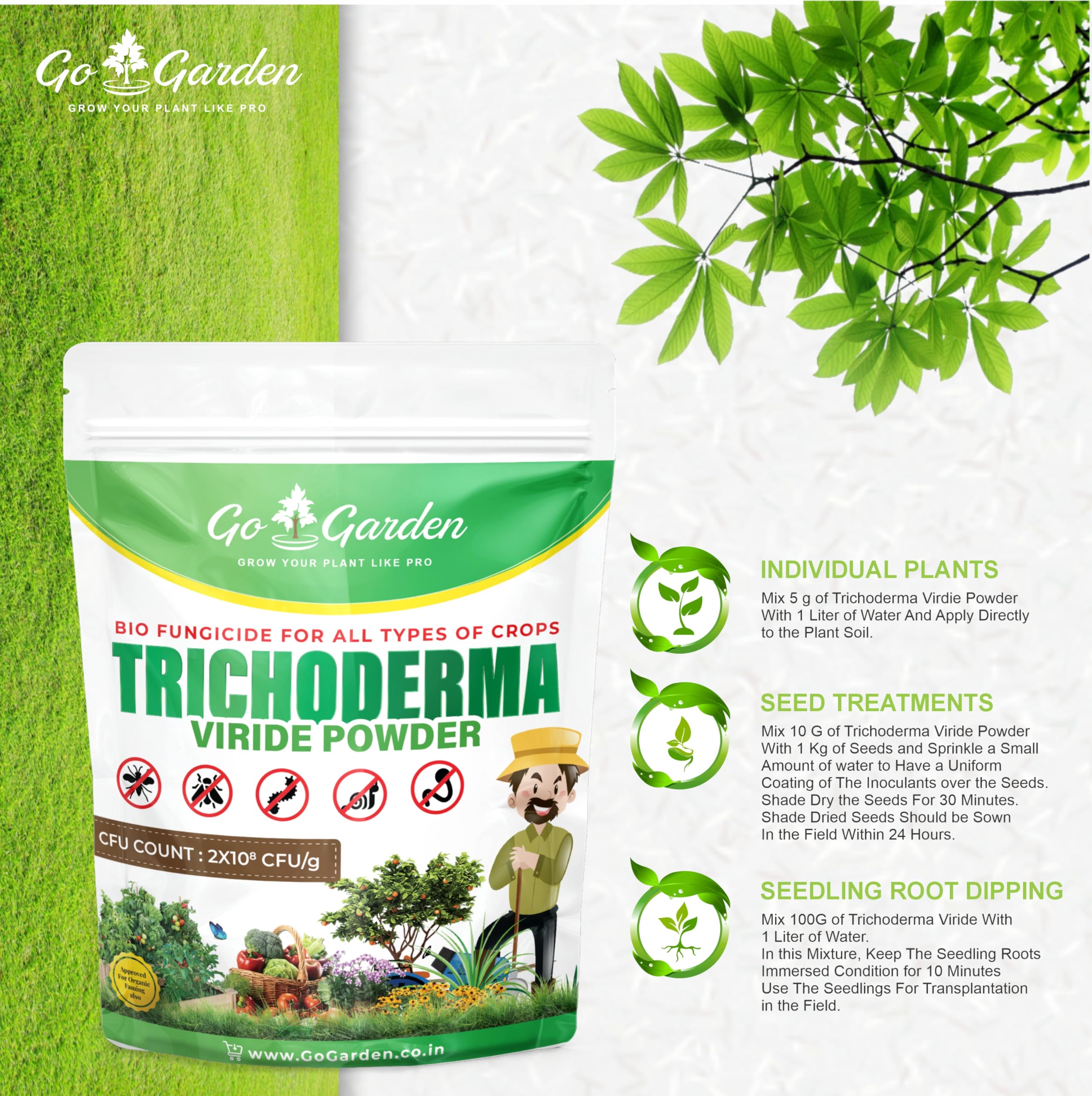 Go Garden Trichoderma Bio Fungicide for plants (2 x 10^8 CFU per Gram) Bio Fungicide - Prevents Fungal and Bacterial Diseases in Plants 400 G